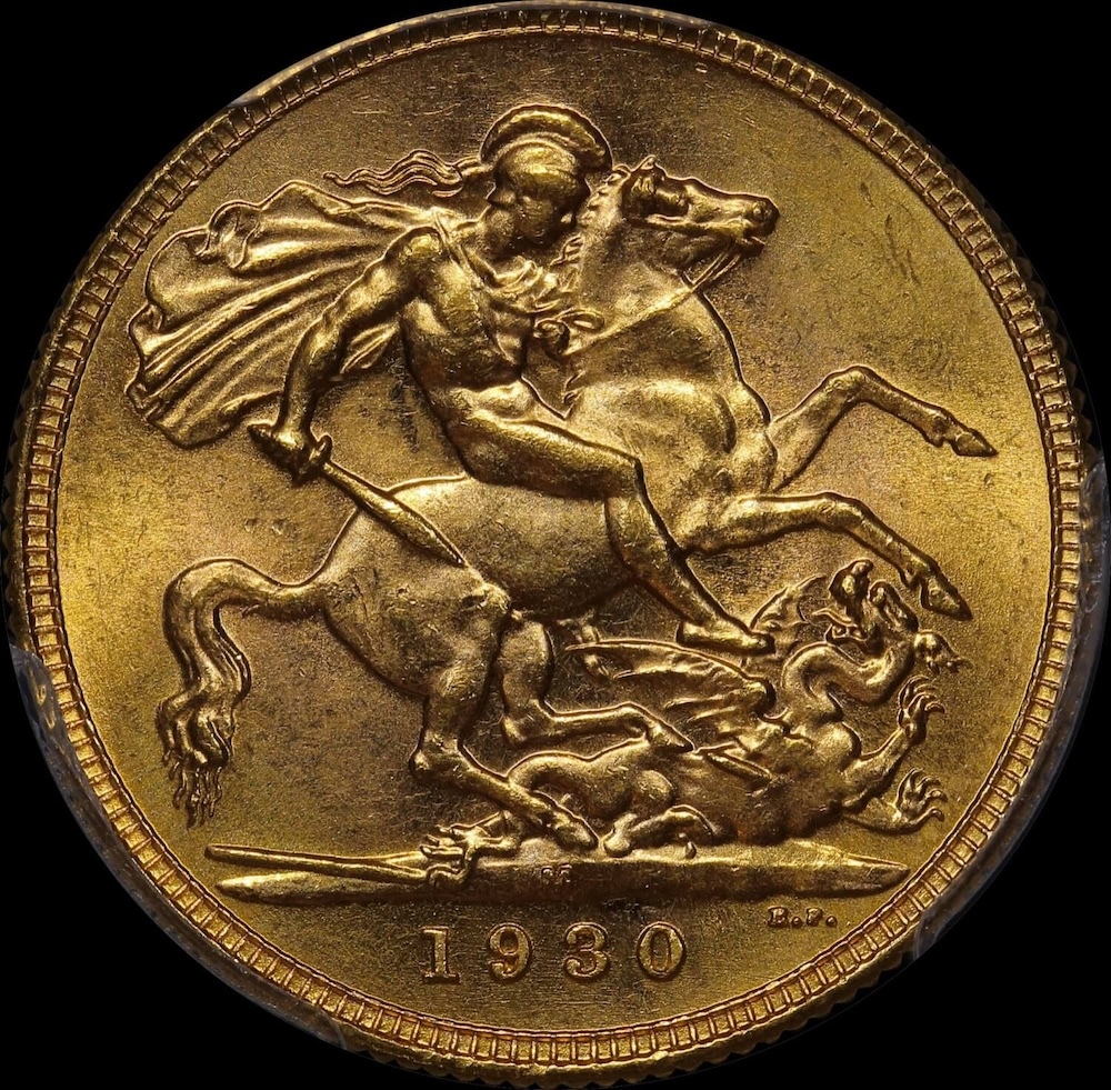 1930 Melbourne George V Small Head Sovereign Choice Unc (PCGS MS63) product image