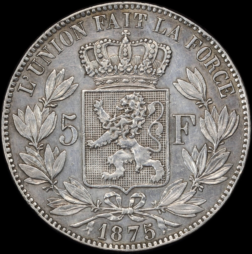 Belgium 1875 Silver 5 Francs KM# 24 good VF product image