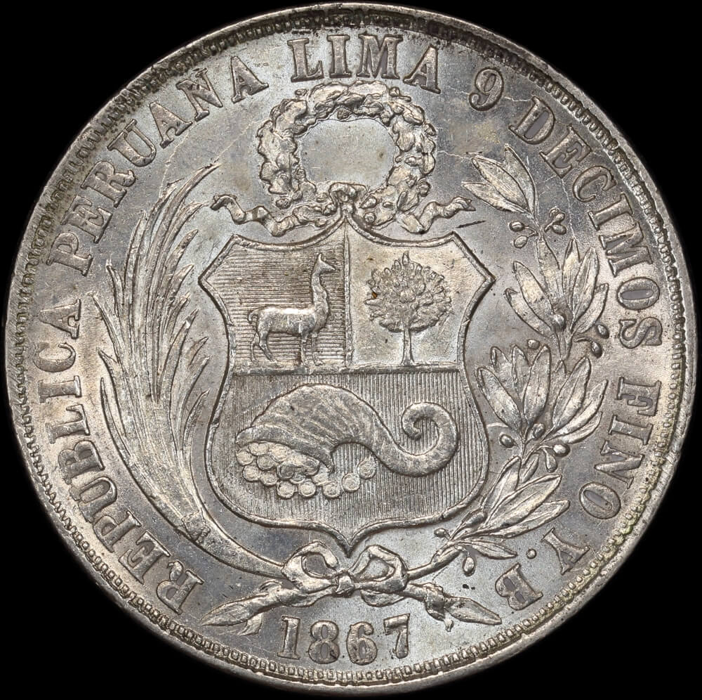 Peru 1867 Silver Sol KM# 196 good EF product image