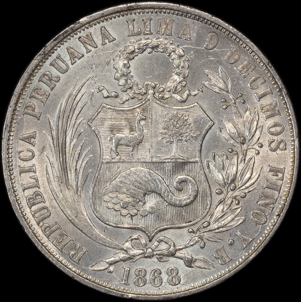 Peru 1868 Silver Sol KM# 196 good EF product image