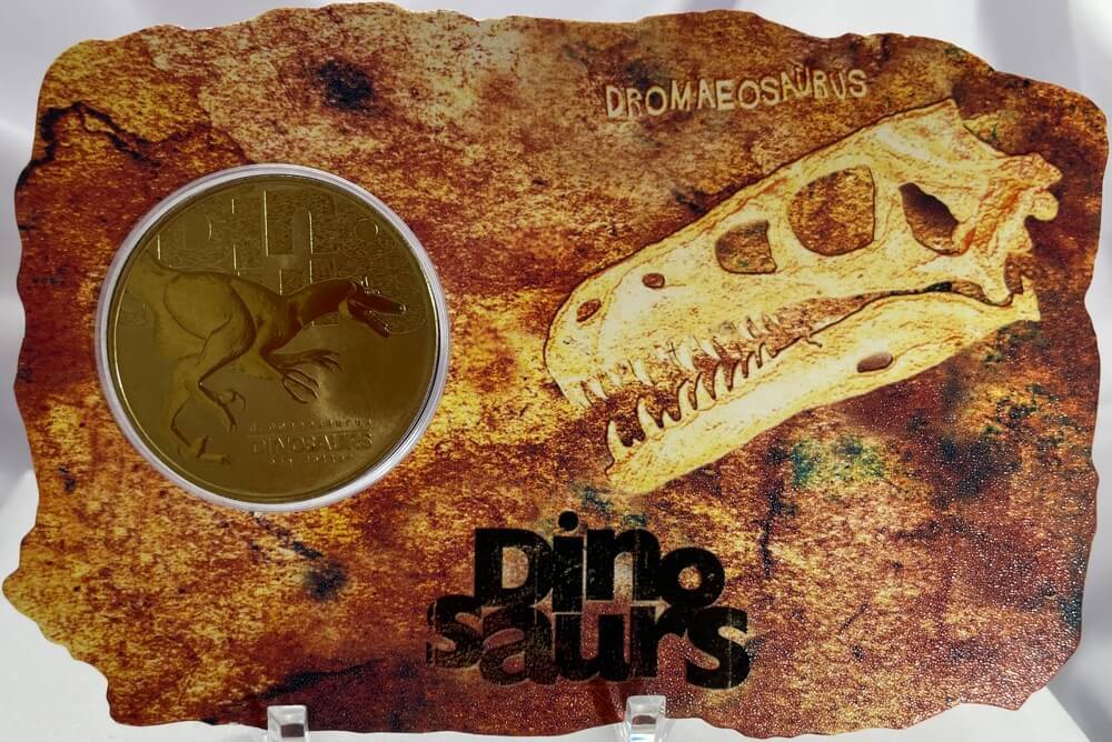 Tuvalu 2002 $1 Uncirculated Coin in Card Dinosaurs - Dromaeosaurus product image
