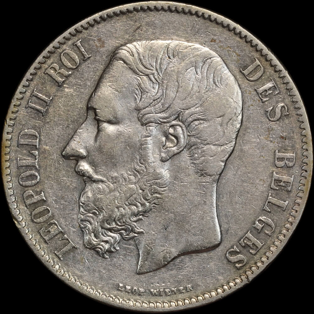 Belgium 1869 Silver 5 Francs KM# 24 good VF product image