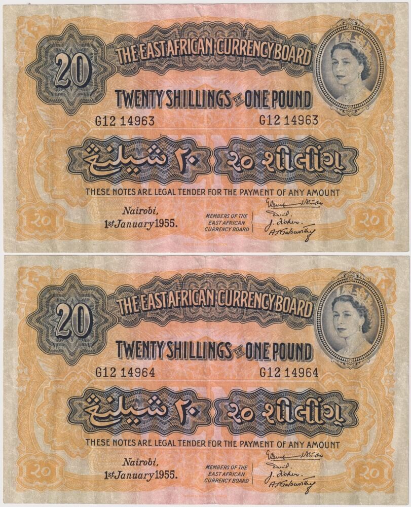 East Africa 1955 Consecutive Pair 20 Shillings Pick#35c about EF product image