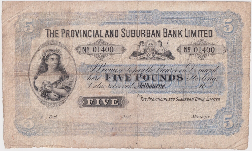 Provincial and Suburban Bank Five Pounds Victoria 18-- MVR 2a Fine product image