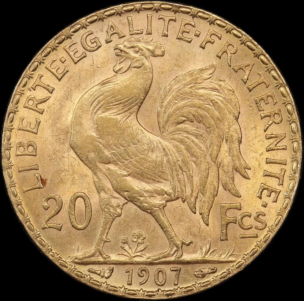 France 1907 Gold 20 Francs Rooster KM#857 Uncirculated product image